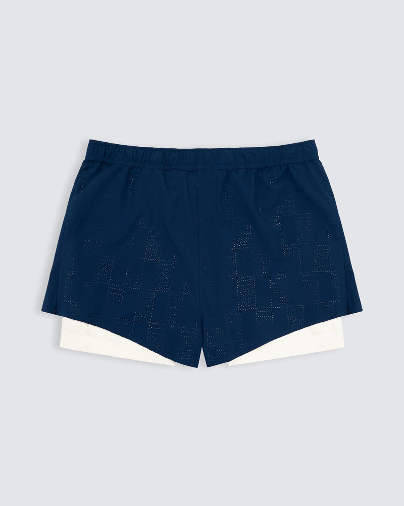 Lined sports short in navy and white